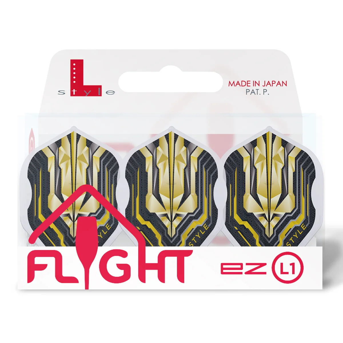Originalverpackung der L-Style Origin EZ L1 Dart Flights Gold Edition; Set aus 3 Stück mit dem Hinweis Made in Japan und integriertem EZ-System.