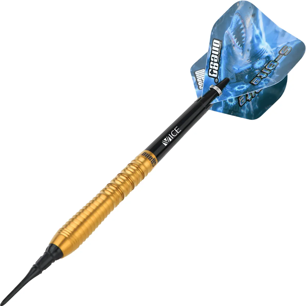 One80 S-Bite S B1 Softdarts in dynamischer Perspektive mit Flights