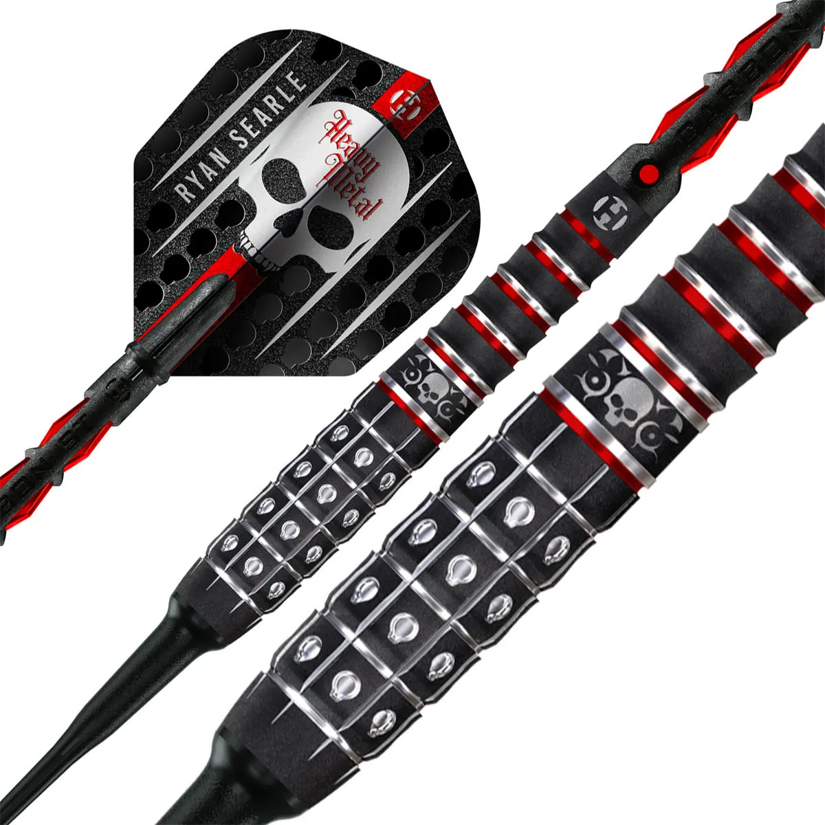 Harrows Ryan Searle Series 3 Softdarts mit Skull-Logo und Heavy Metal Flight in dynamischer Perspektive