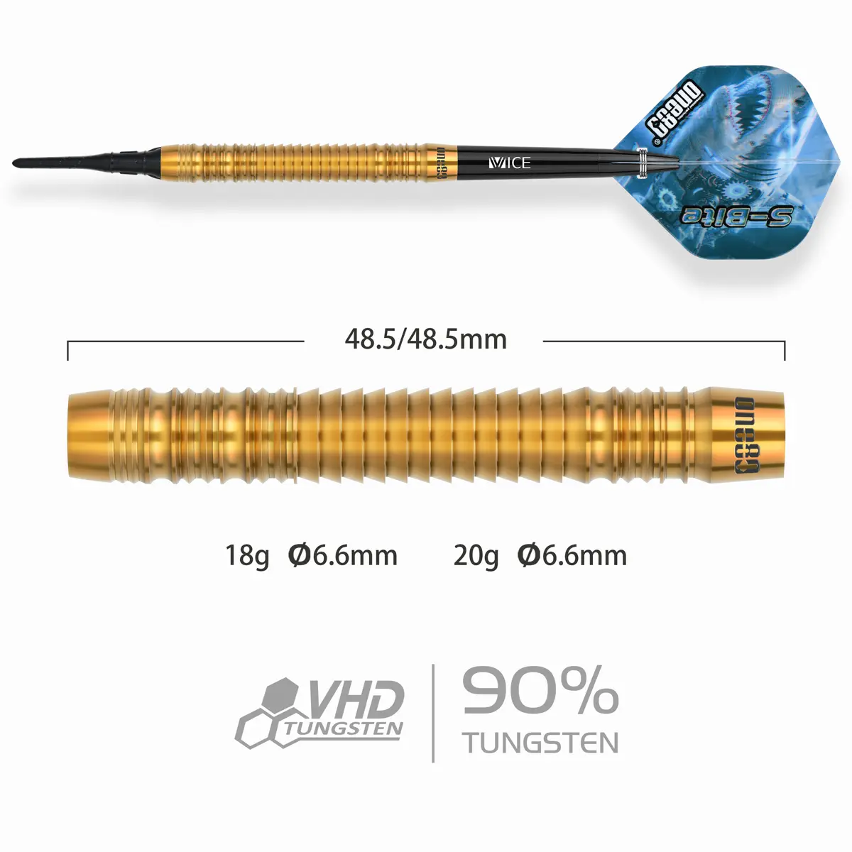 One80 S-Bite S B3 Softdarts Barrel Details – 18 g und 20 g, 48,5 mm Länge, 6,6 mm Durchmesser, 90 % Tungsten
