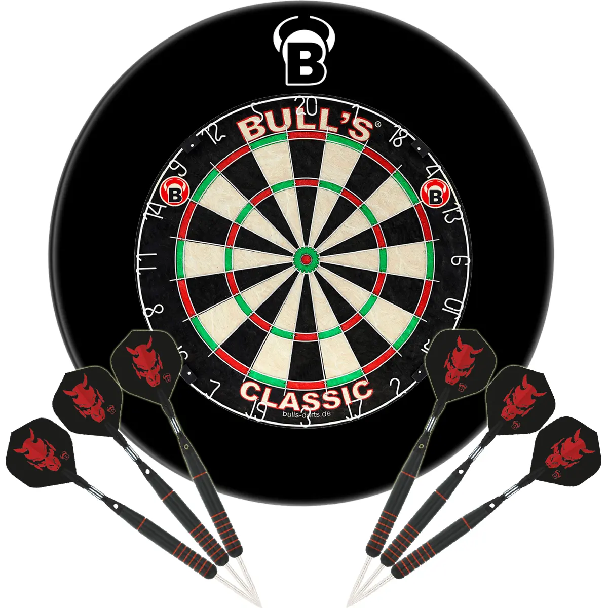 Bull’s Classic Dartscheibe mit schwarzem Bull’s PU Surround und sechs Bull’s Thriller Steeldarts im Dartgott Einsteiger-Komplettset