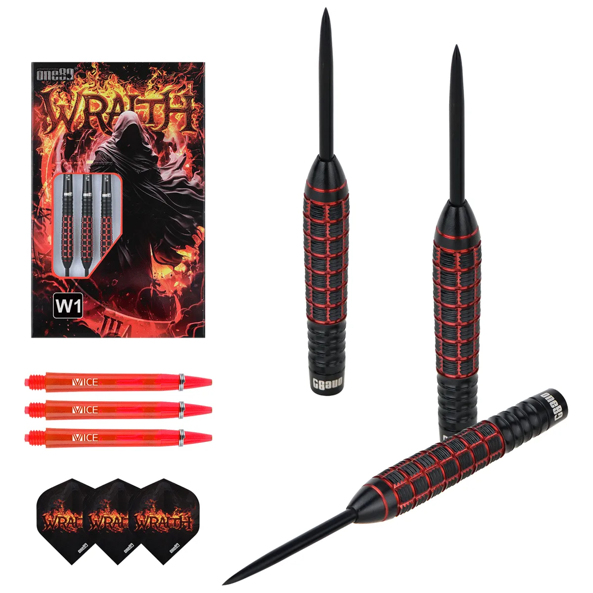 Lieferumfang der One80 Wraith W1 Steeldarts mit Barrels, Vice Shafts und Flights