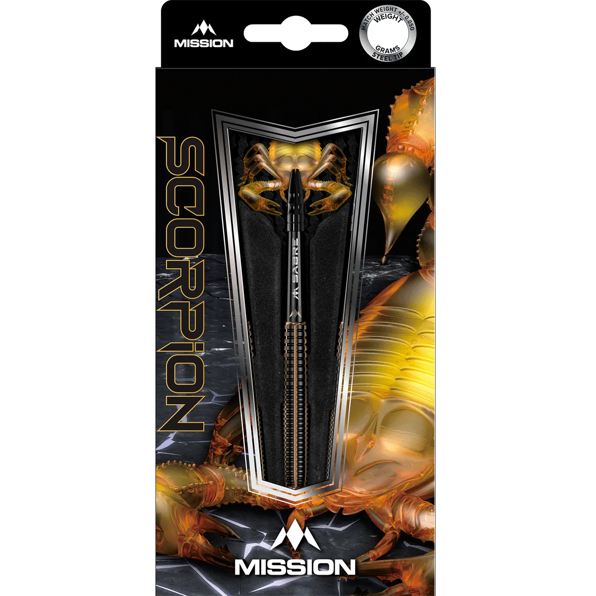 Mission Scorpion Steeldarts Verpackung in schwarz-goldenem Design mit Scorpion Artwork