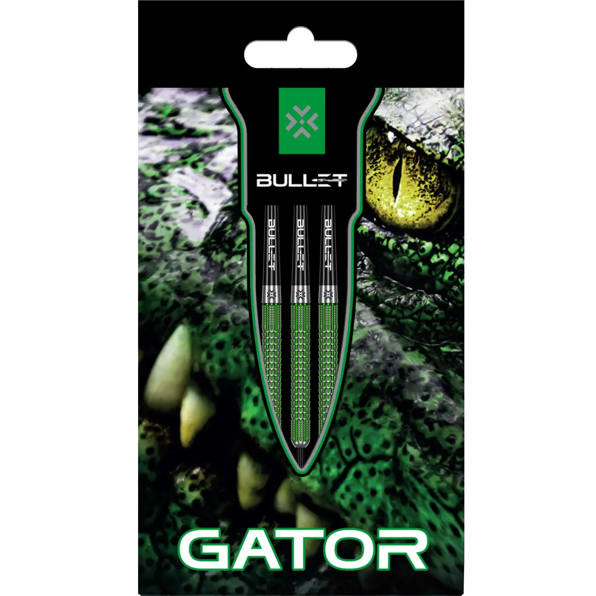 Bullet Gator Steeldarts Verpackung mit grünem Alligator-Design