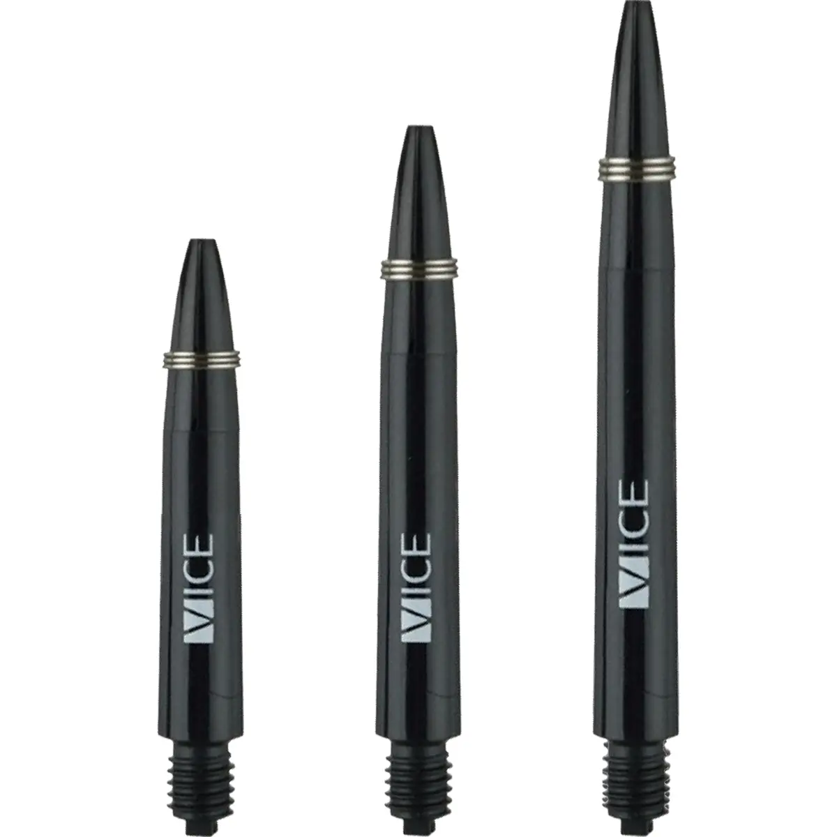 One80 Proplast Vice Shafts Schwarz als Längenvergleich mit Short 35 mm, Intermedium 41 mm und Medium 48 mm.