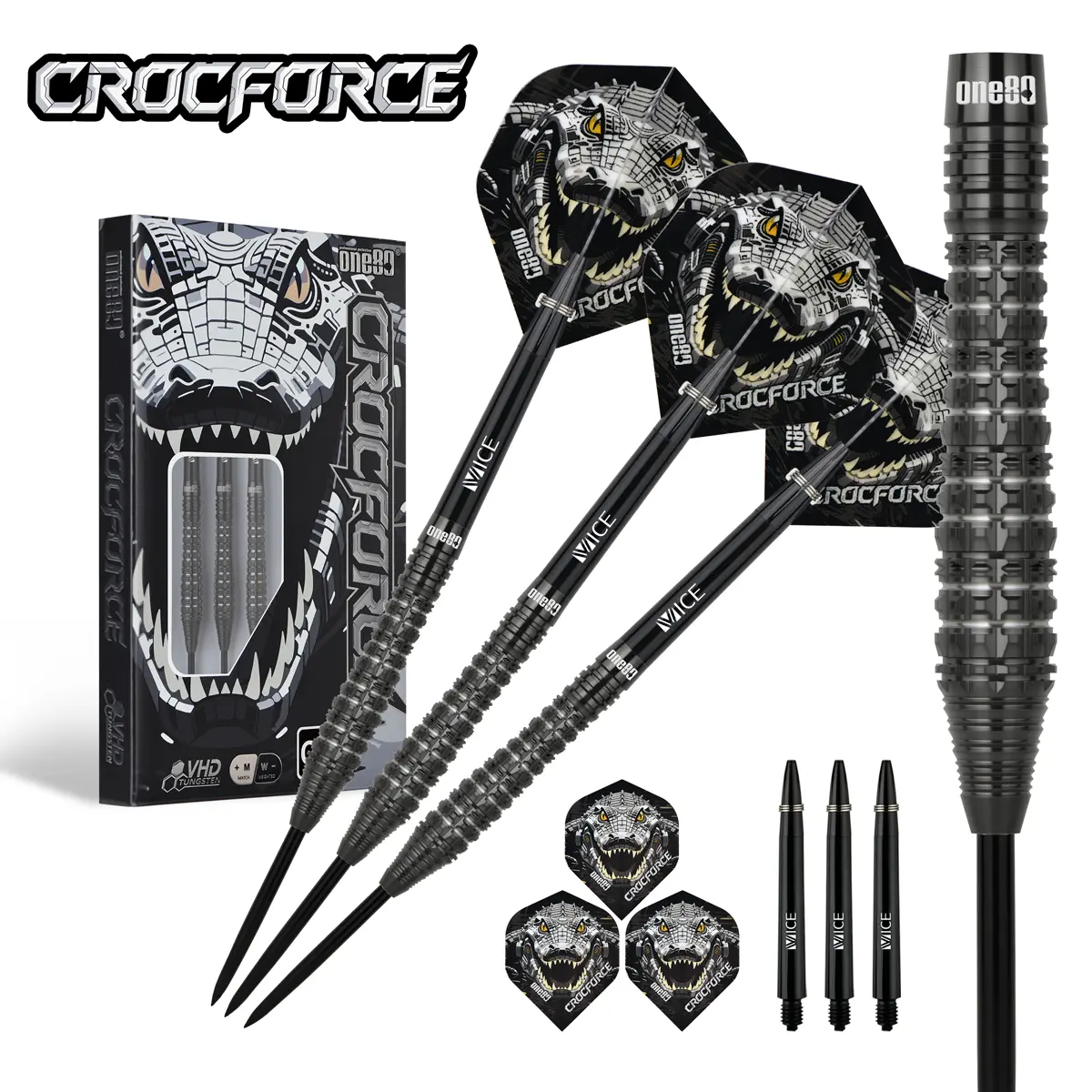 One80 Crocforce CF3 Steeldarts Komplettansicht mit Verpackung, Flights und Barrel in Schwarz