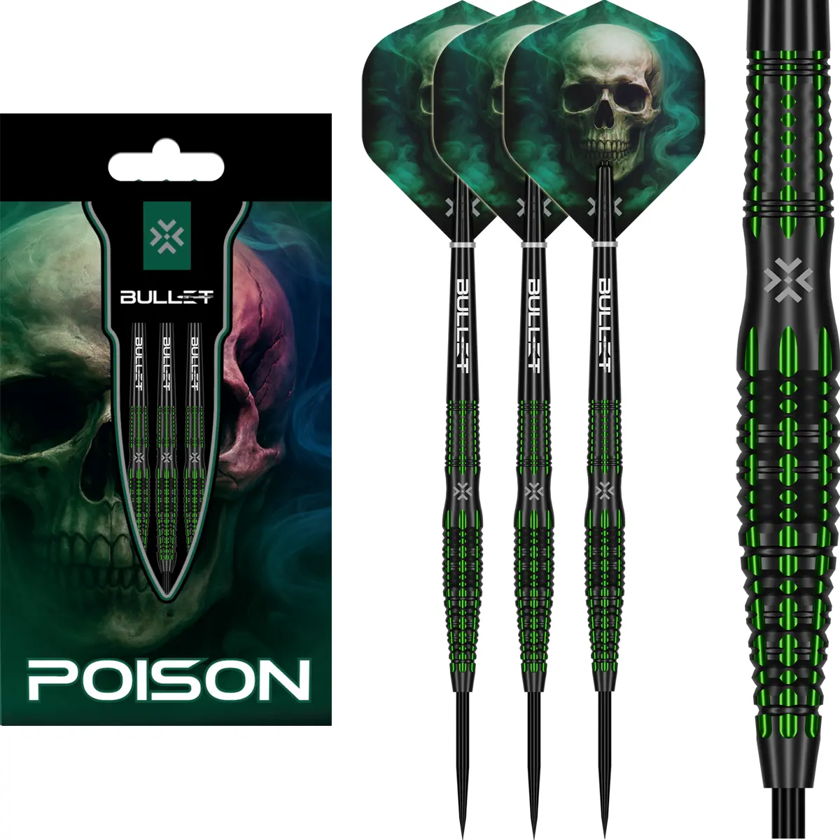 Bullet Poison Steeldarts mit Verpackung und drei montierten Darts im Totenkopf-Design