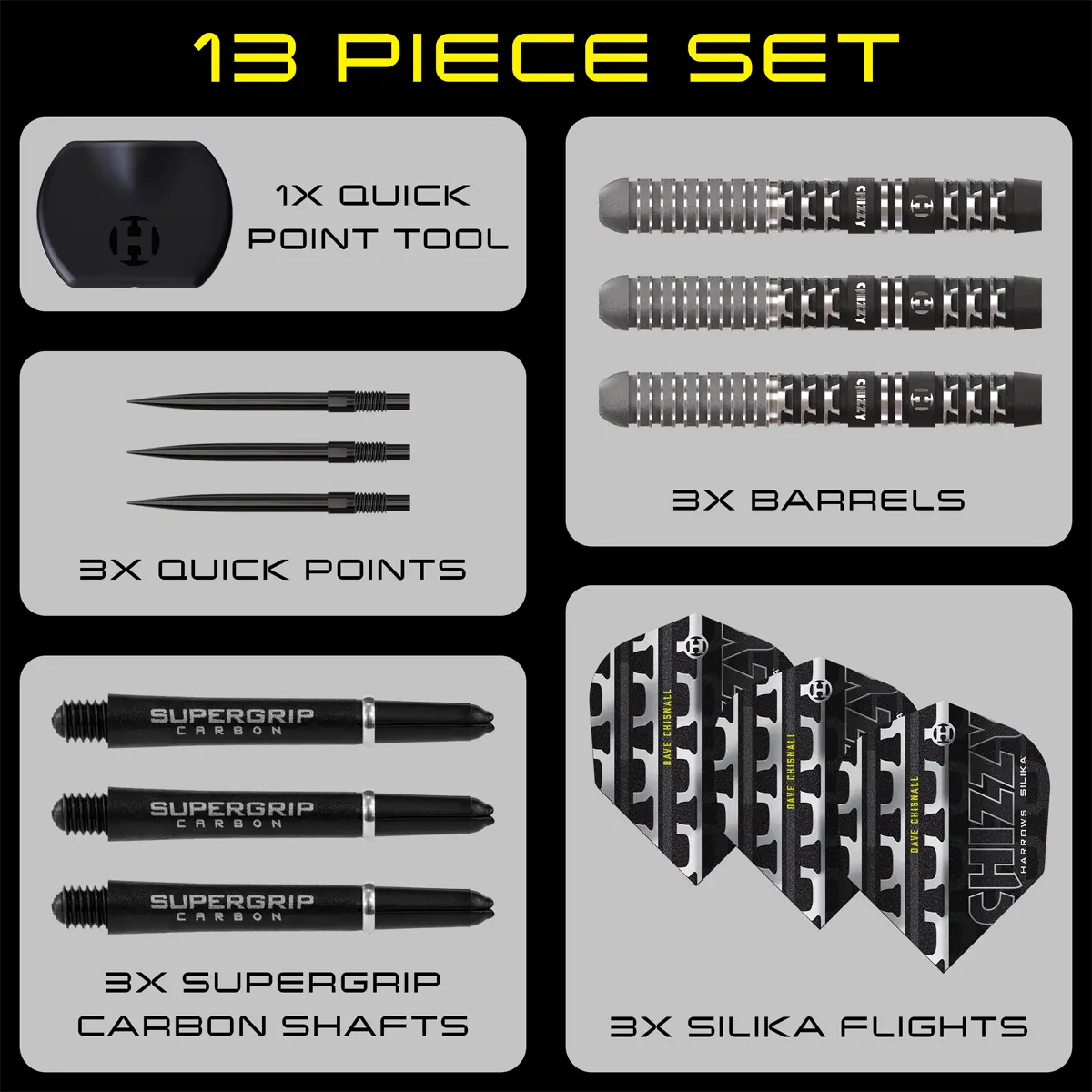 Lieferumfang Chisnall Series 4 Steeldarts – Barrels, Silika Flights, Supergrip Carbon Shafts, Quick Points & Tool