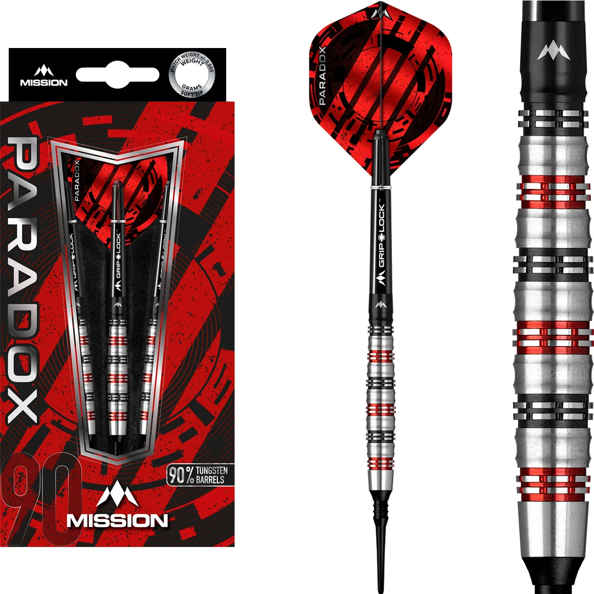 Mission Paradox Curved M2 Softdarts 19g Komplettset mit 90 % Tungsten Barrels, Grip Lock Shafts und Paradox Flights