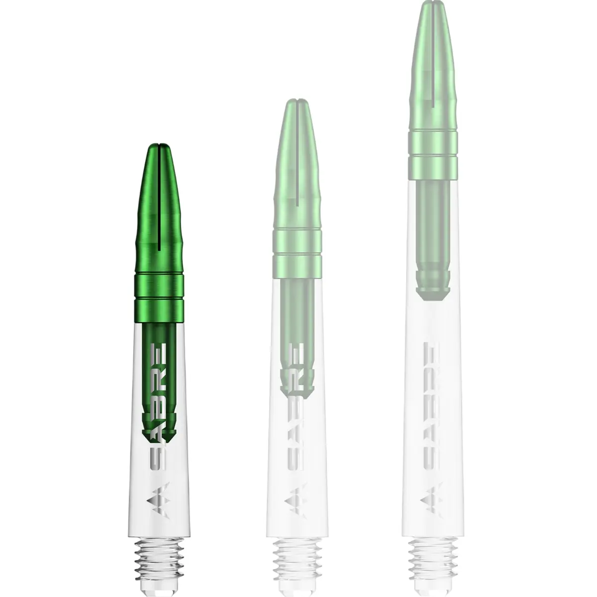 Mission Sabre Dart-Schaft in Klar-Grün, Größe Short. Kurzer Hybrid-Schaft mit transparentem Body und grünem Alu-Aufsatz. Ideal für ein leichtes und stabiles Setup.