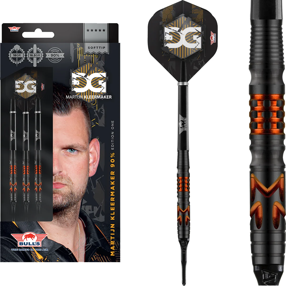 Bull's NL Martijn Kleermaker Softdarts 18g Komplettset mit 90 % Tungsten Barrels, Shafts und Flights