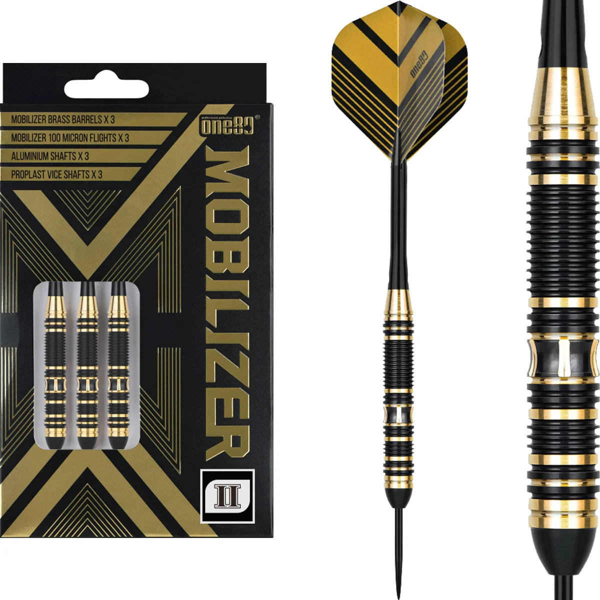 One80 Mobilizer 02 Steeldarts Komplettansicht mit Flights und Verpackung im Schwarz-Gold-Design