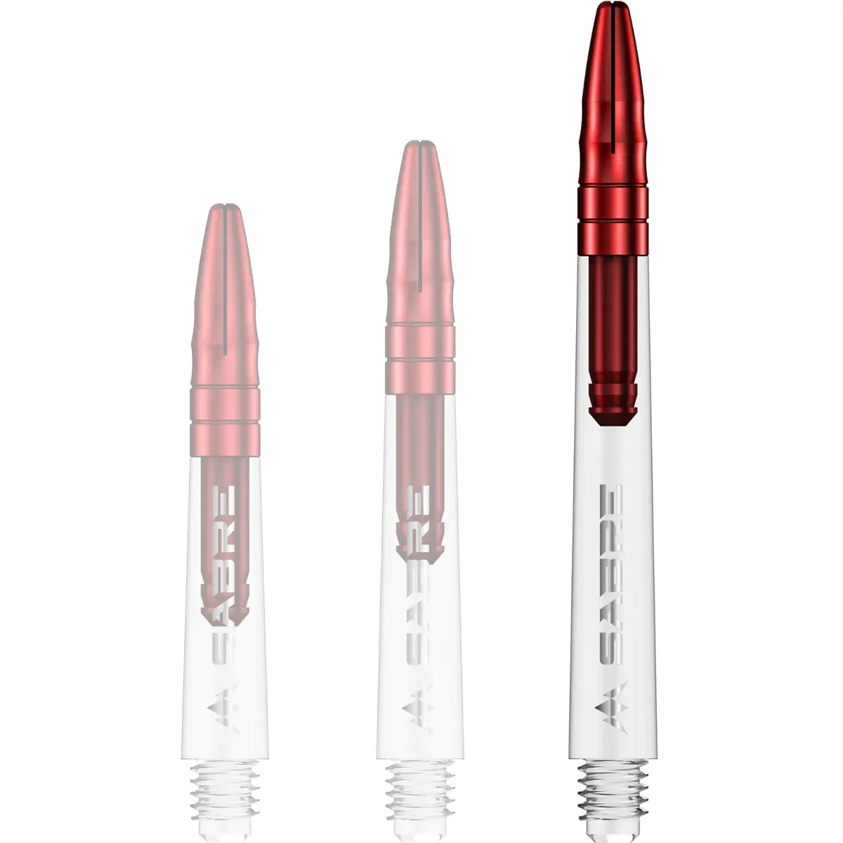 Mission Sabre Dart-Schaft in Klar-Rot, Größe Medium. Langer transparenter Schaft für eine stabile Flugbahn und einen modernen Look.