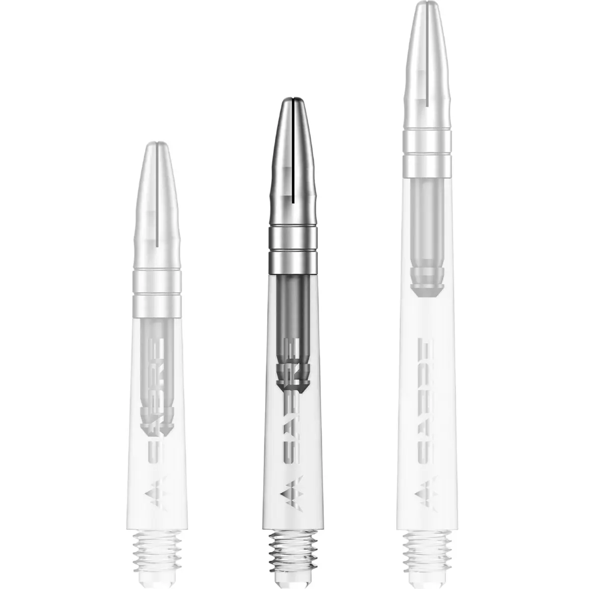 Mission Sabre Dart-Schaft in Klar-Silber, Größe Midi. Mittellanger Intermediate-Shaft mit transparentem Body und silbernem Akzent für ein dezentes Setup.
