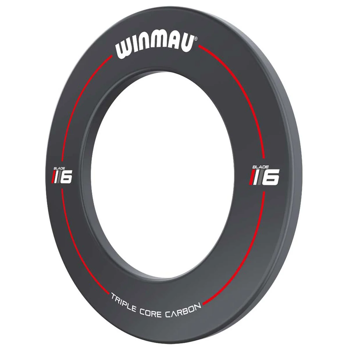 Detailansicht des Winmau Blade 6 Triple Core Surround Grey mit rotem Designstreifen und Blade 6 Logo