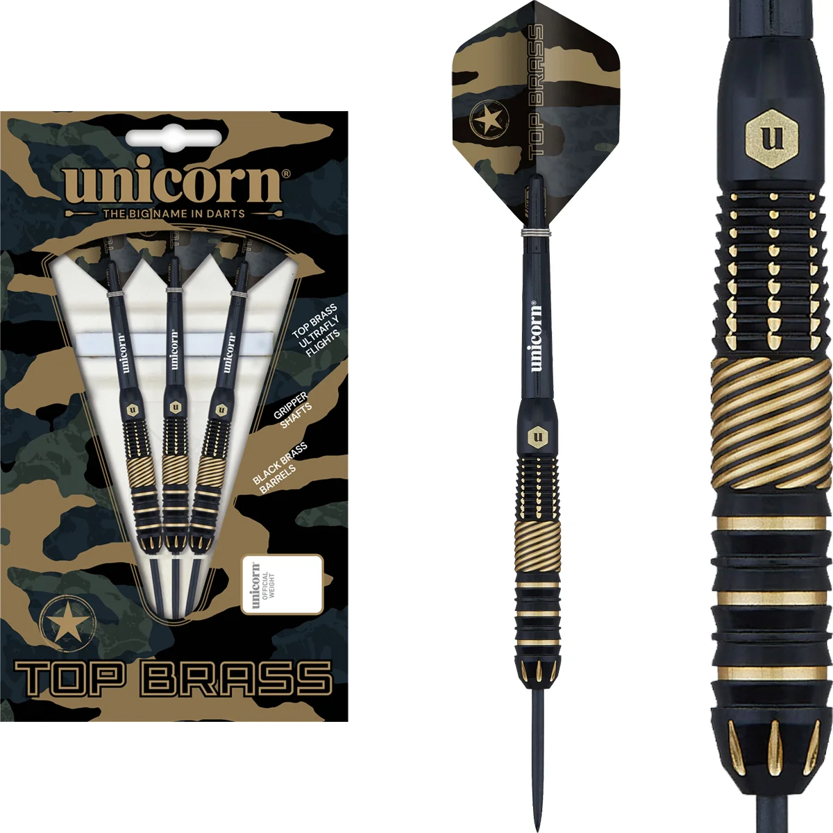 Unicorn Top Brass 2 Steeldarts 19g Komplettset mit Brass Barrel, Gripper Schäften und Ultrafly Flights