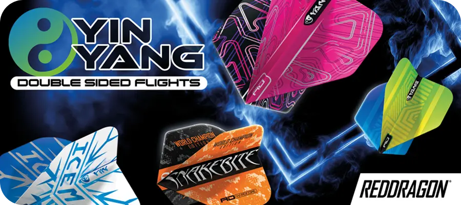Red Dragon Yin Yang Double Sided Dart Flights in verschiedenen Farben als Werbebanner für Red Dragon Flights