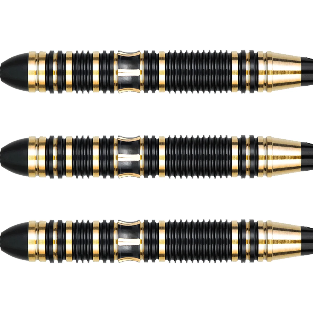 Nahaufnahme der One80 Mobilizer 02 Steeldart-Barrels mit präzisen Ringgrips und goldenen Fräsungen