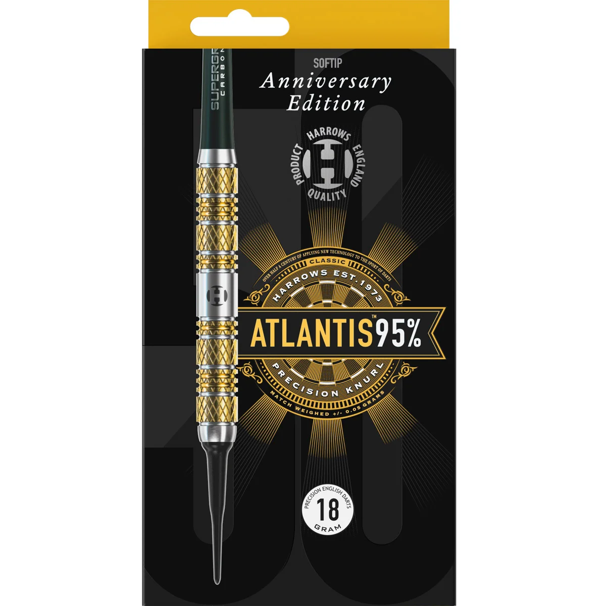 Originalverpackung der Harrows Atlantis 95% Tungsten Softdarts im edlen Anniversary Design.