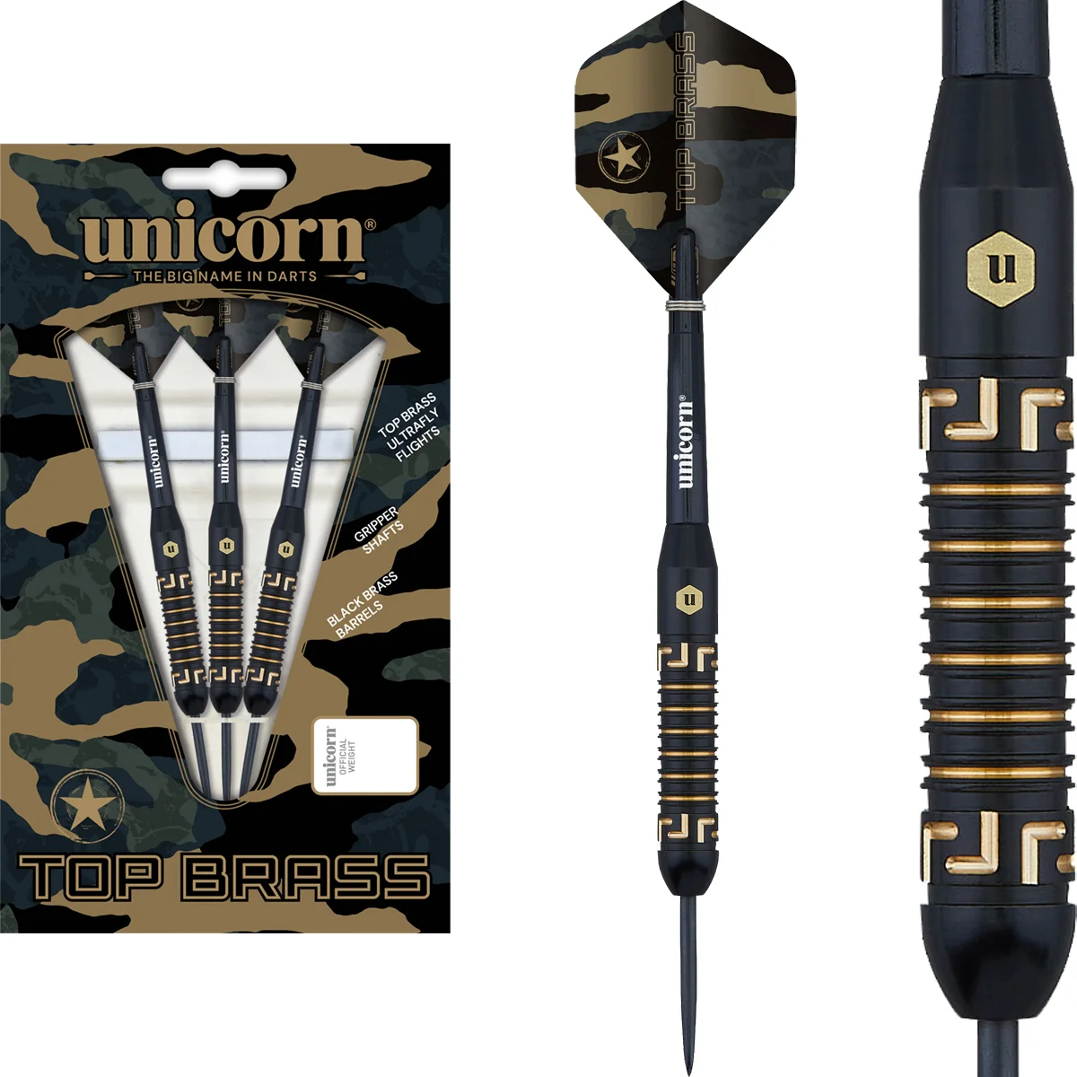 Unicorn Top Brass 1 Steeldarts 20g Komplettset mit Brass Barrel, Gripper Schäften und Ultrafly Flights