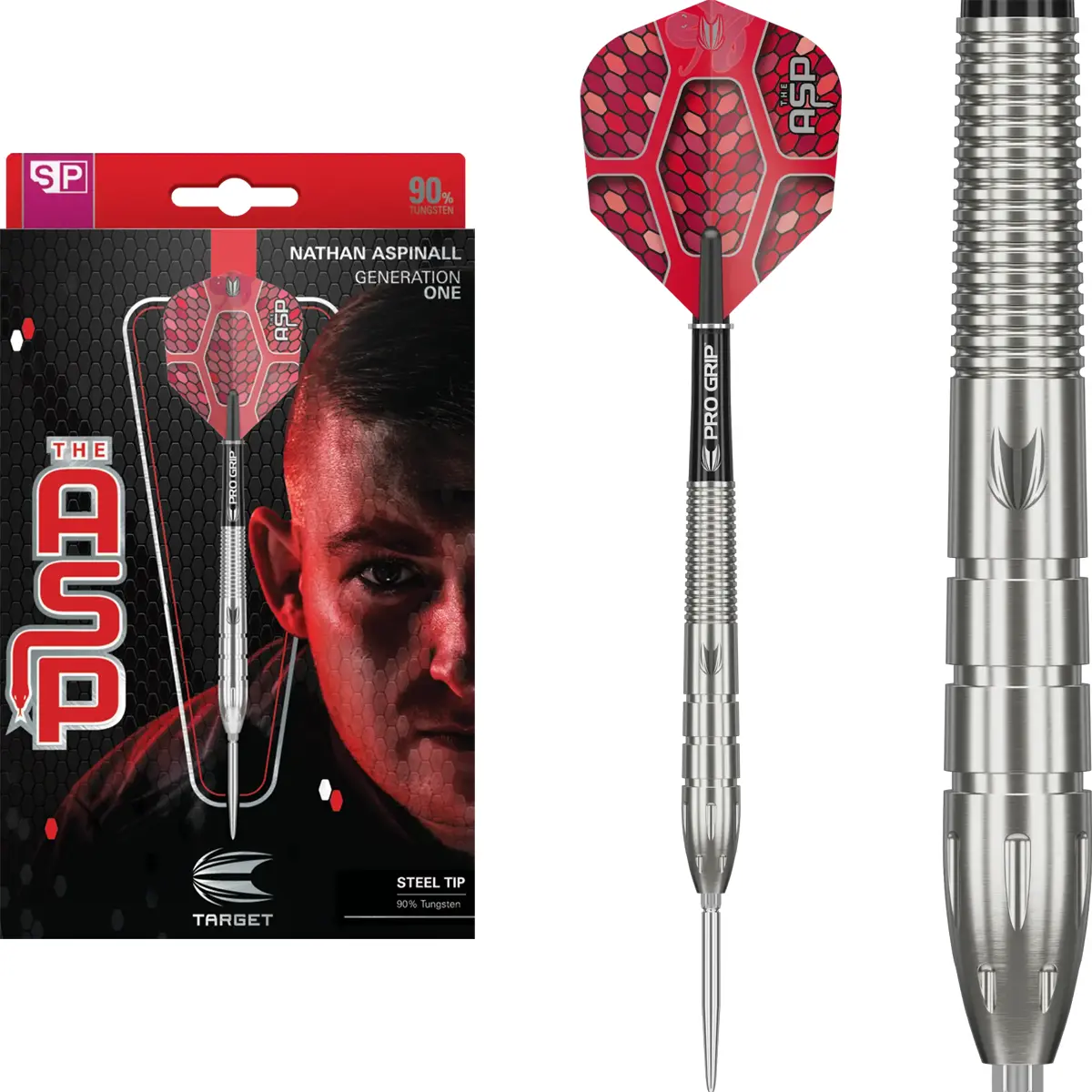 Target Nathan Aspinall Gen1 Steeldart neben der Originalverpackung mit ASP Spielerdesign