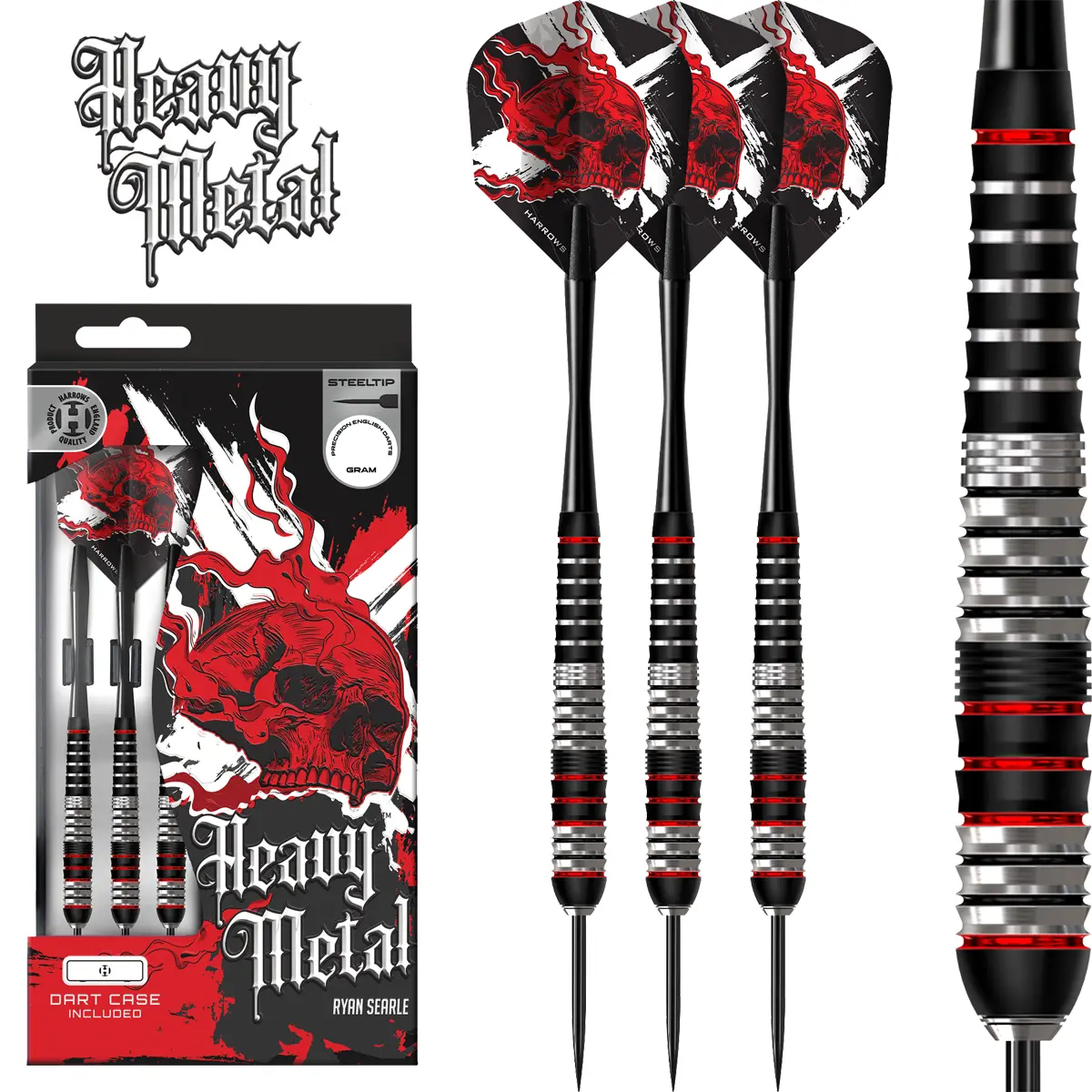 Harrows Heavy Metal Steeldarts – inspiriert von Ryan Searle | Dartgott Harrows Heavy Metal Steeldarts – Komplettansicht mit Skull Flights, schwarzem Barrel und roten Details, inspiriert von Ryan Searle