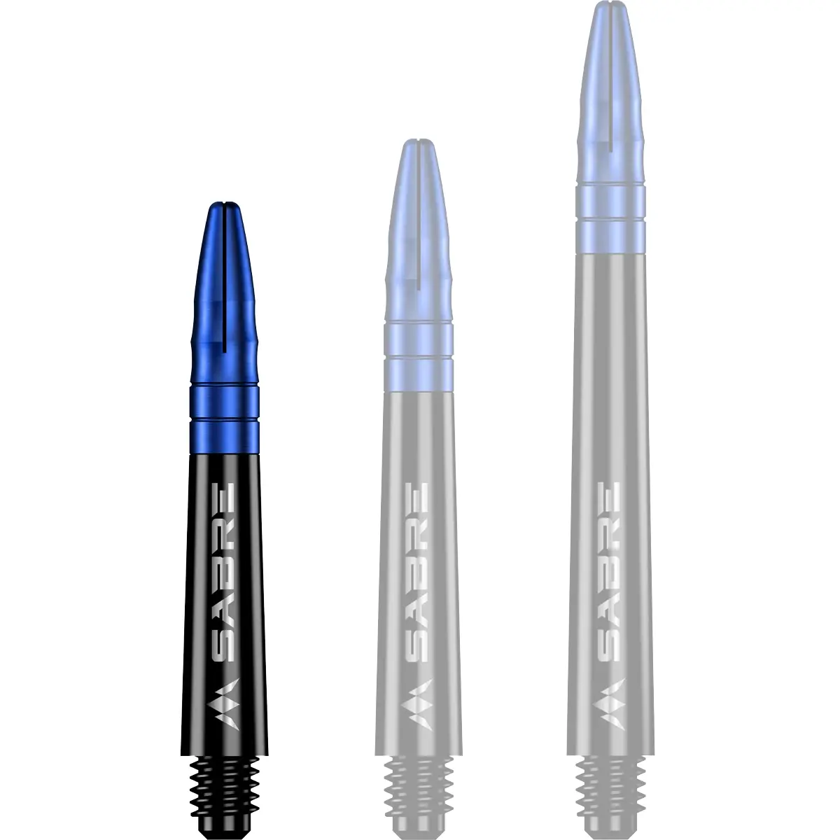 Mission Sabre Dart-Schaft in Schwarz-Blau, Größe Short. Kurzer Hybrid-Shaft mit blauem Alu-Aufsatz für festen Flight-Halt und hohe Stabilität.