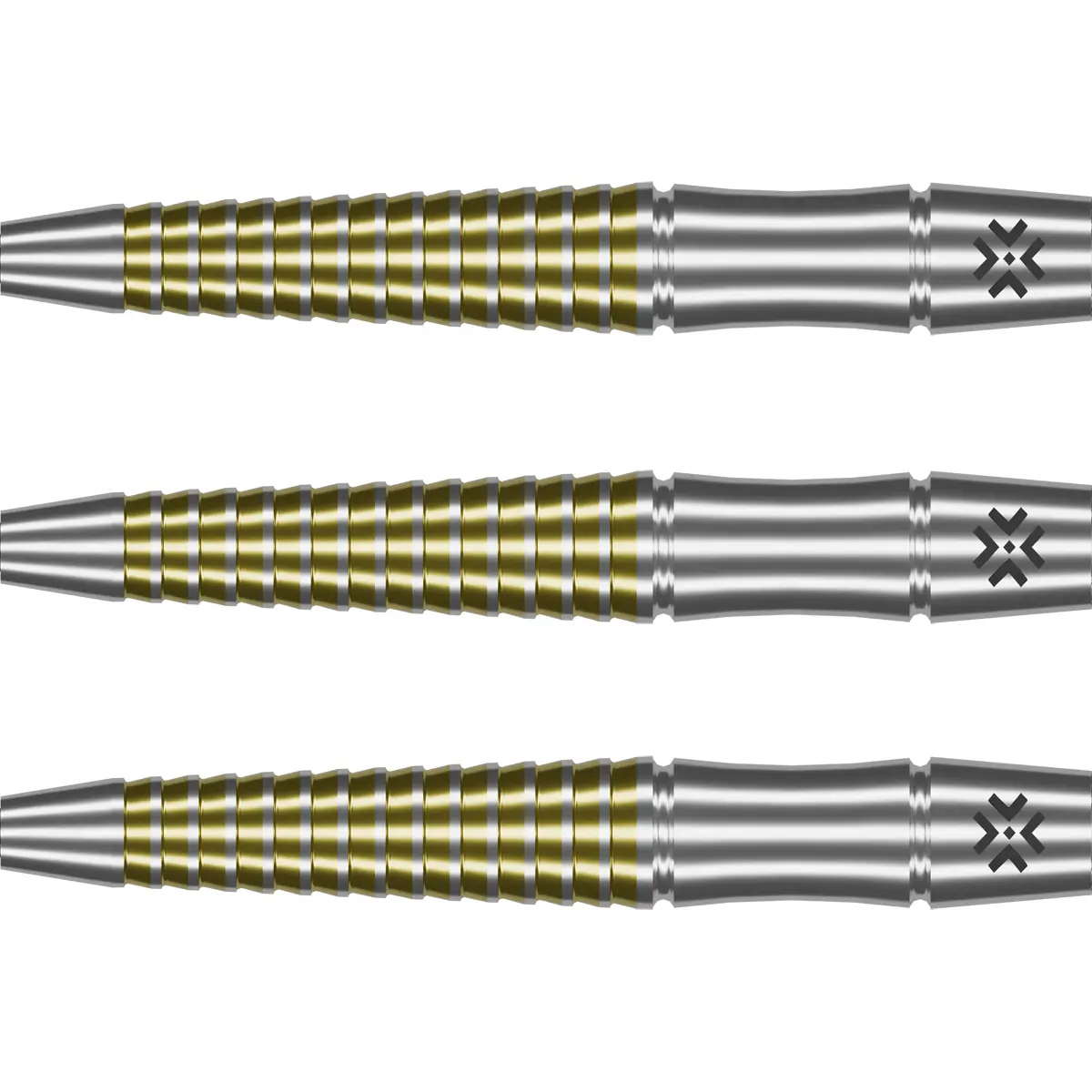Bullet Fang Steeldarts Barrels in Dreierreihe mit gold-silbernem Ringgrip