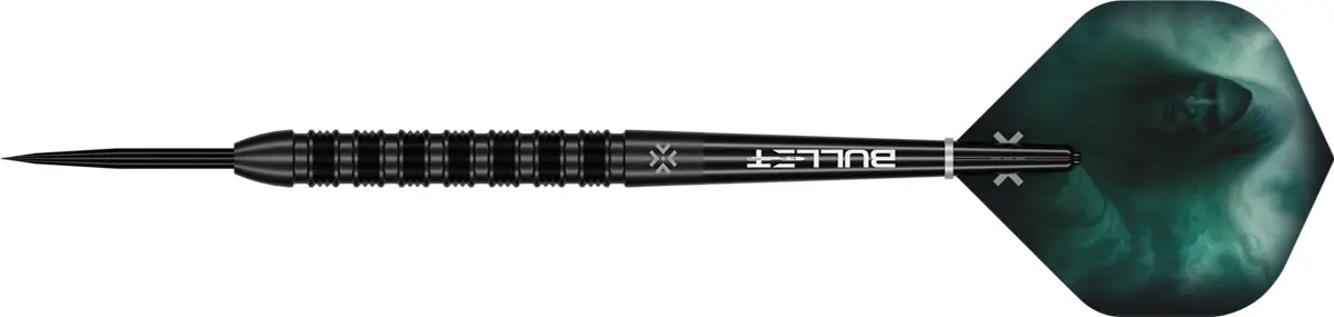 Bullet Shadow Steeldart in schwarzer Seitenansicht mit Ringgrip und Shadow Flight