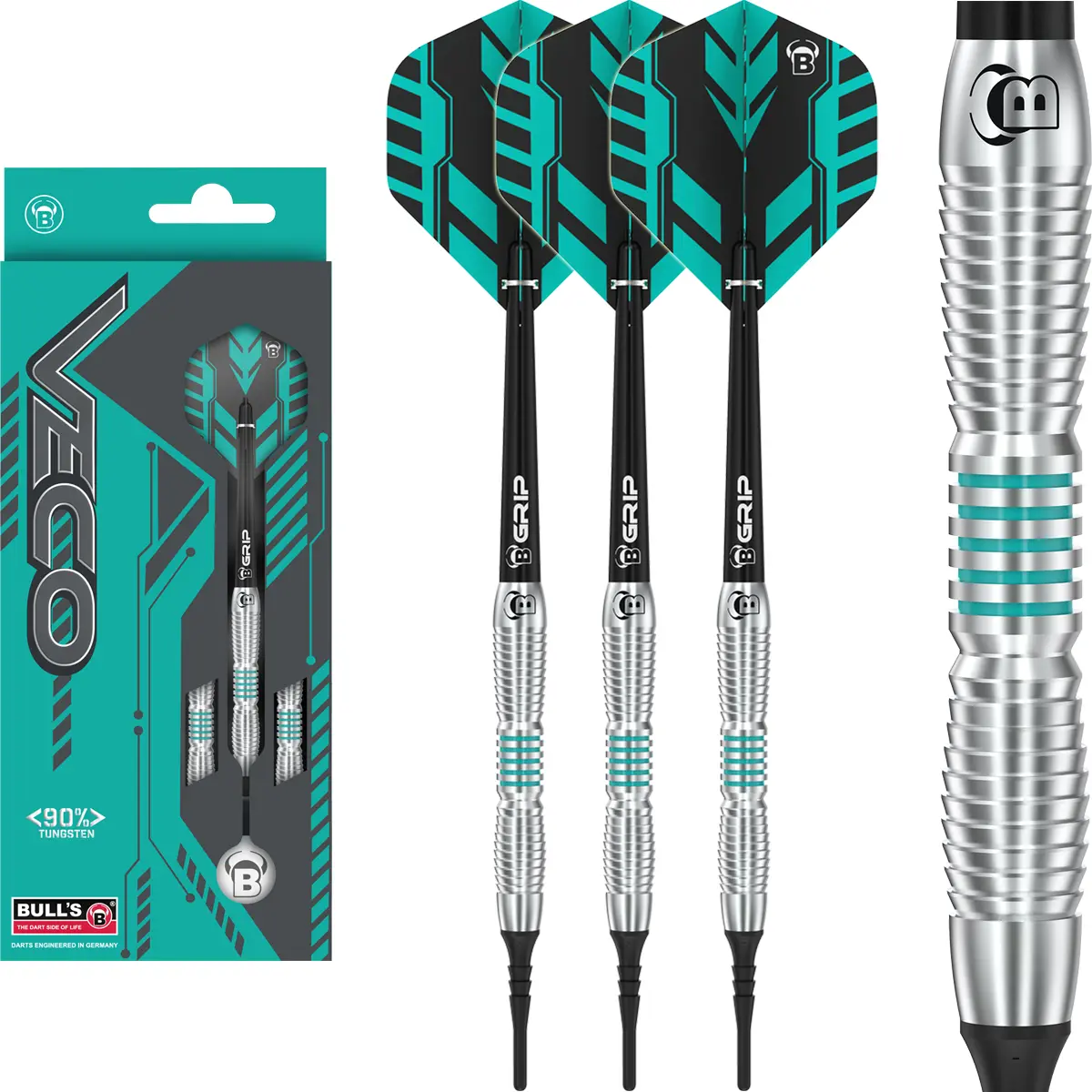 Bulls Veco V1 Softdarts – Komplettset mit 3 Pfeilen und Verpackung Bulls Veco V1 Softdarts Set mit 3 Pfeilen, Verpackung und Barrel-Detail