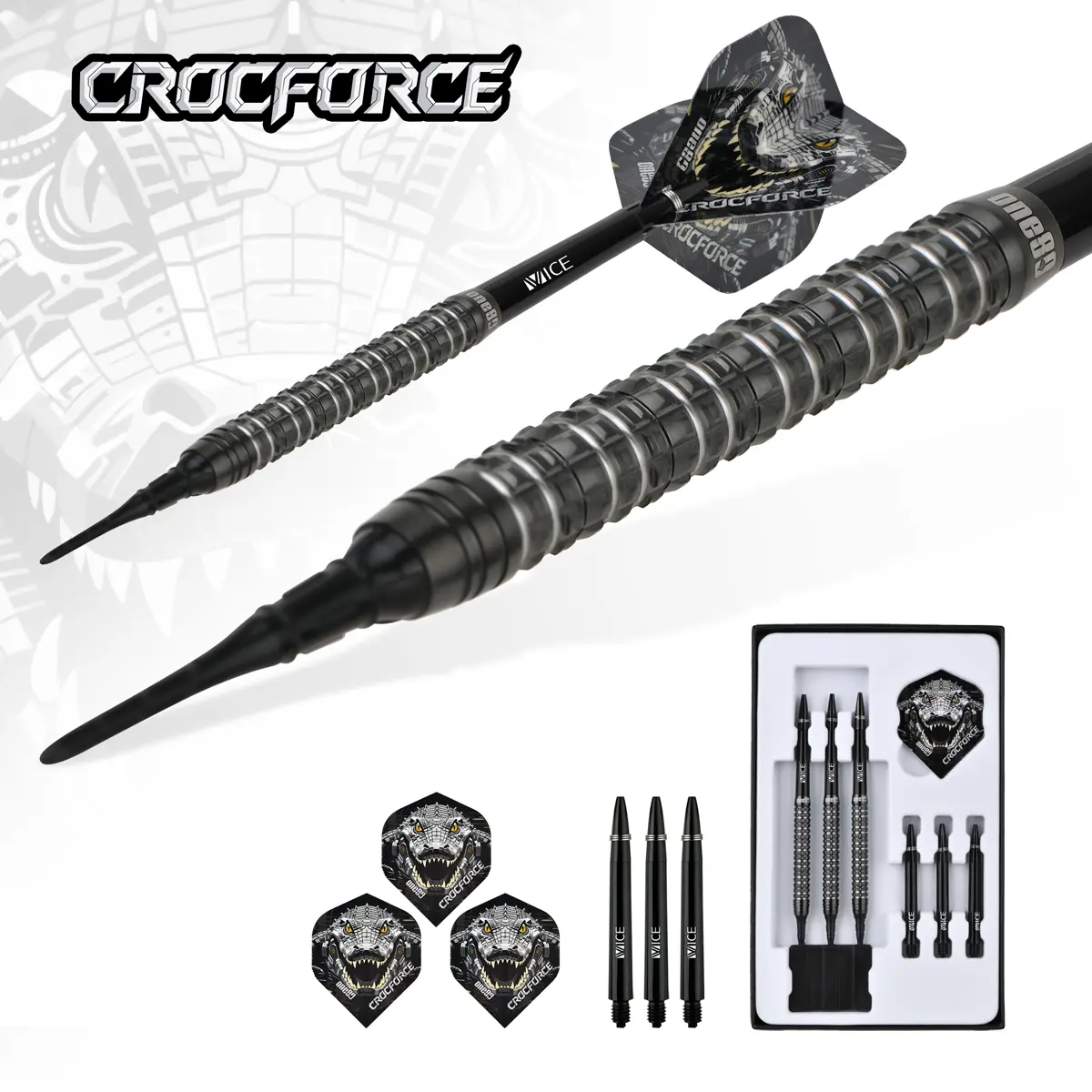One80 Crocforce CF1 Softdarts Set mit Zubehör – Flights, Shafts und Barrels