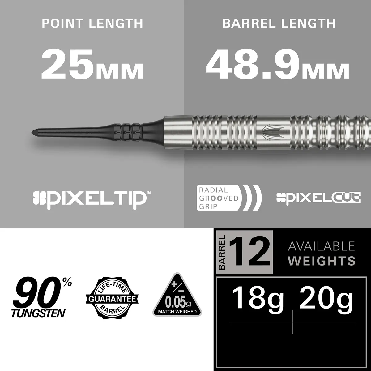 Target Hydro 12 Softdarts Barrel- und Spitzenmaße – 90% Tungsten, 25mm Pixel Tip, 48,9mm Barrel