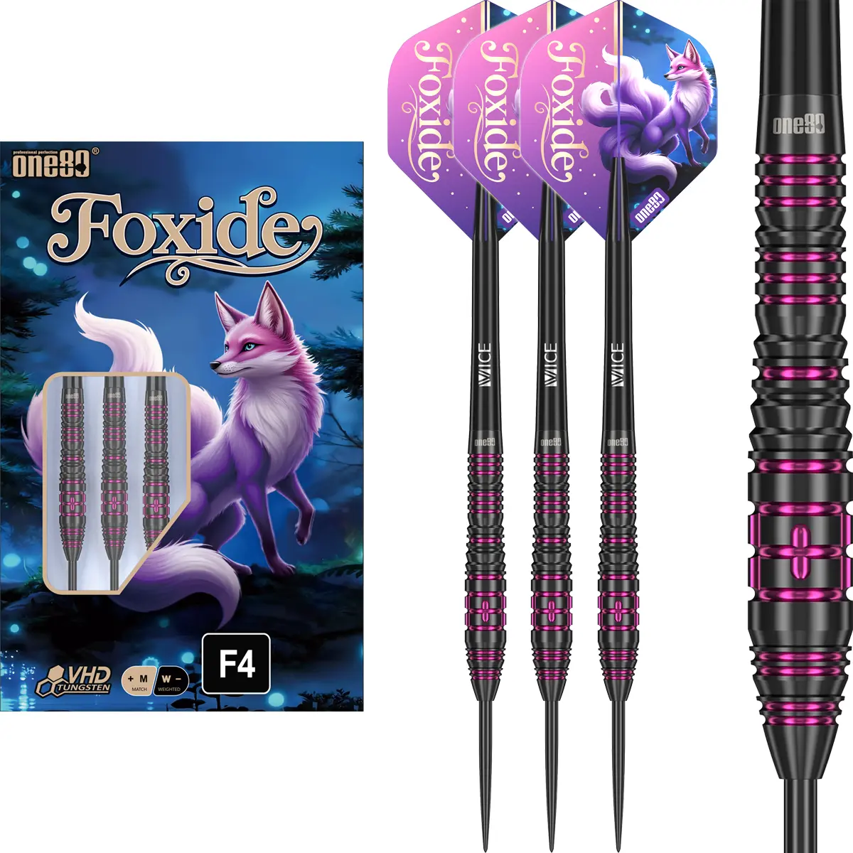 One80 Foxide F4 Steeldarts Komplettset mit 90 % Tungsten, leichter Torpedoform und strukturiertem Grip
