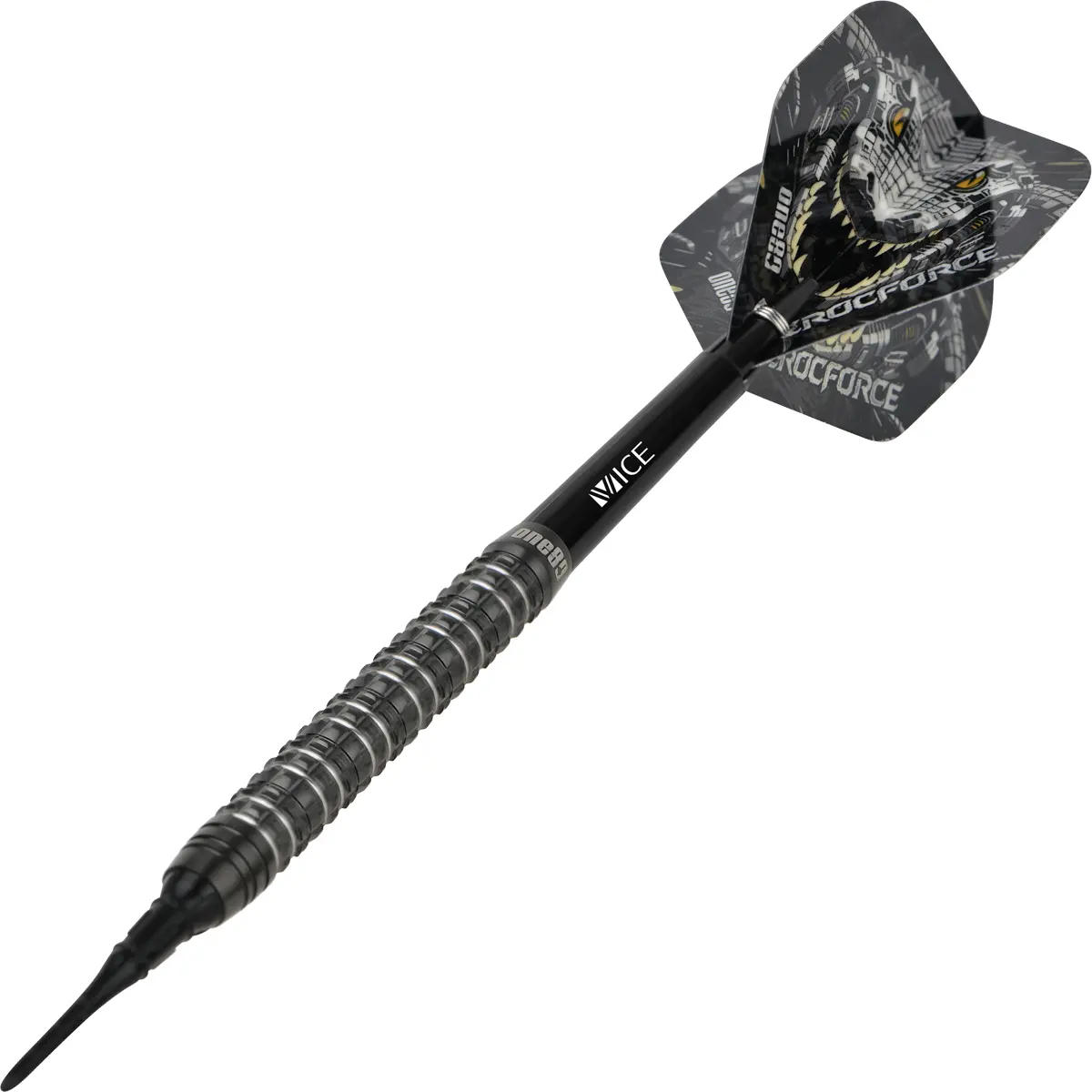 One80 Crocforce CF1 Softdart – dynamische Ansicht mit Flight und Shaft im Spielaufbau