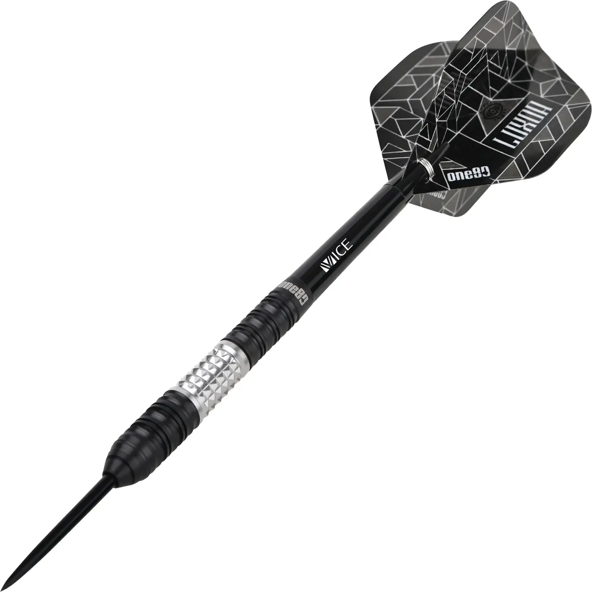One80 Luxor II Eta Steeldarts 90 % Tungsten – dynamische Ansicht mit schwarzem Schaft und Luxor Flight