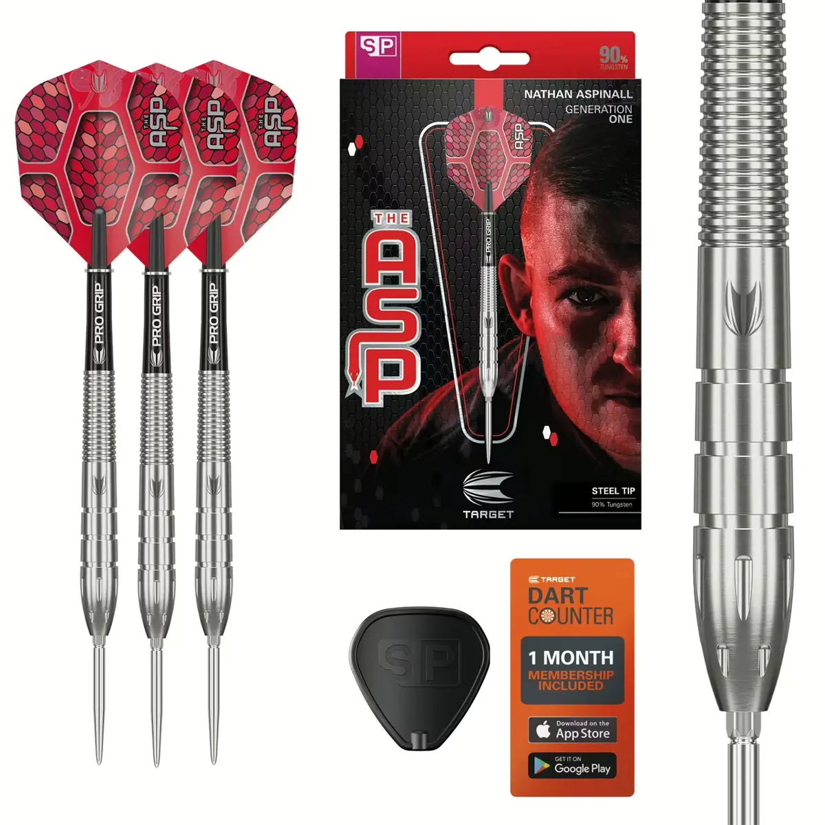 Target Nathan Aspinall Gen1 Swiss Point Steeldarts im Set mit Flights, Shafts, Verpackung und Swiss Point Tool
