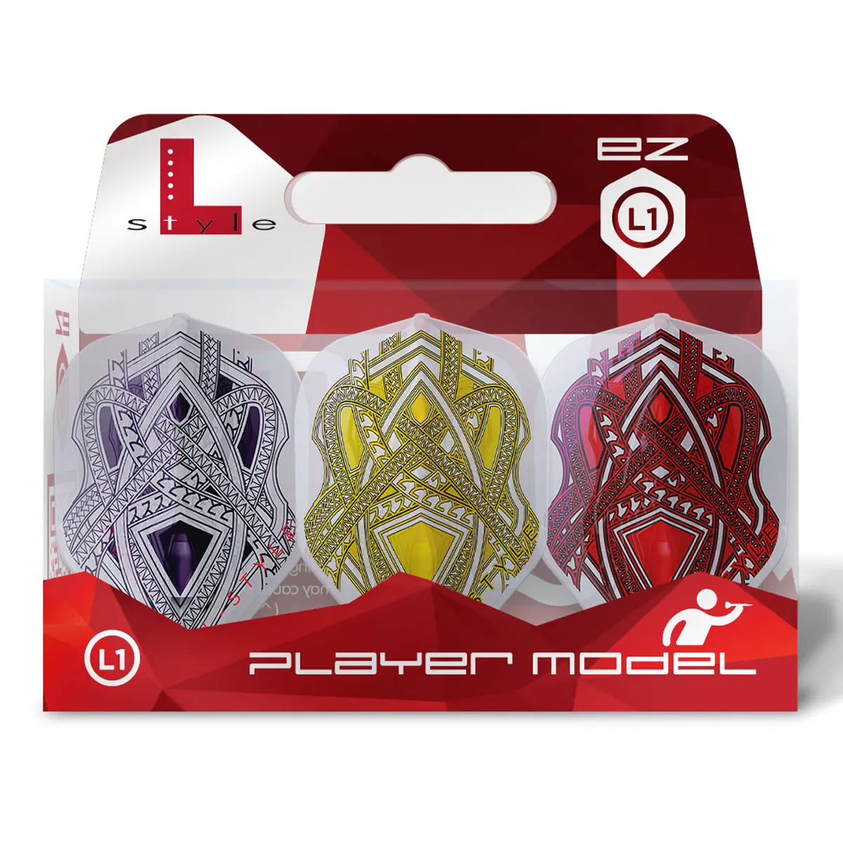 L-Style Mike De Decker Flights – Verpackung mit 3 transparenten Farben L-Style Flights Mike De Decker Typ A im Blister – Flight-Mix mit 3 Farben