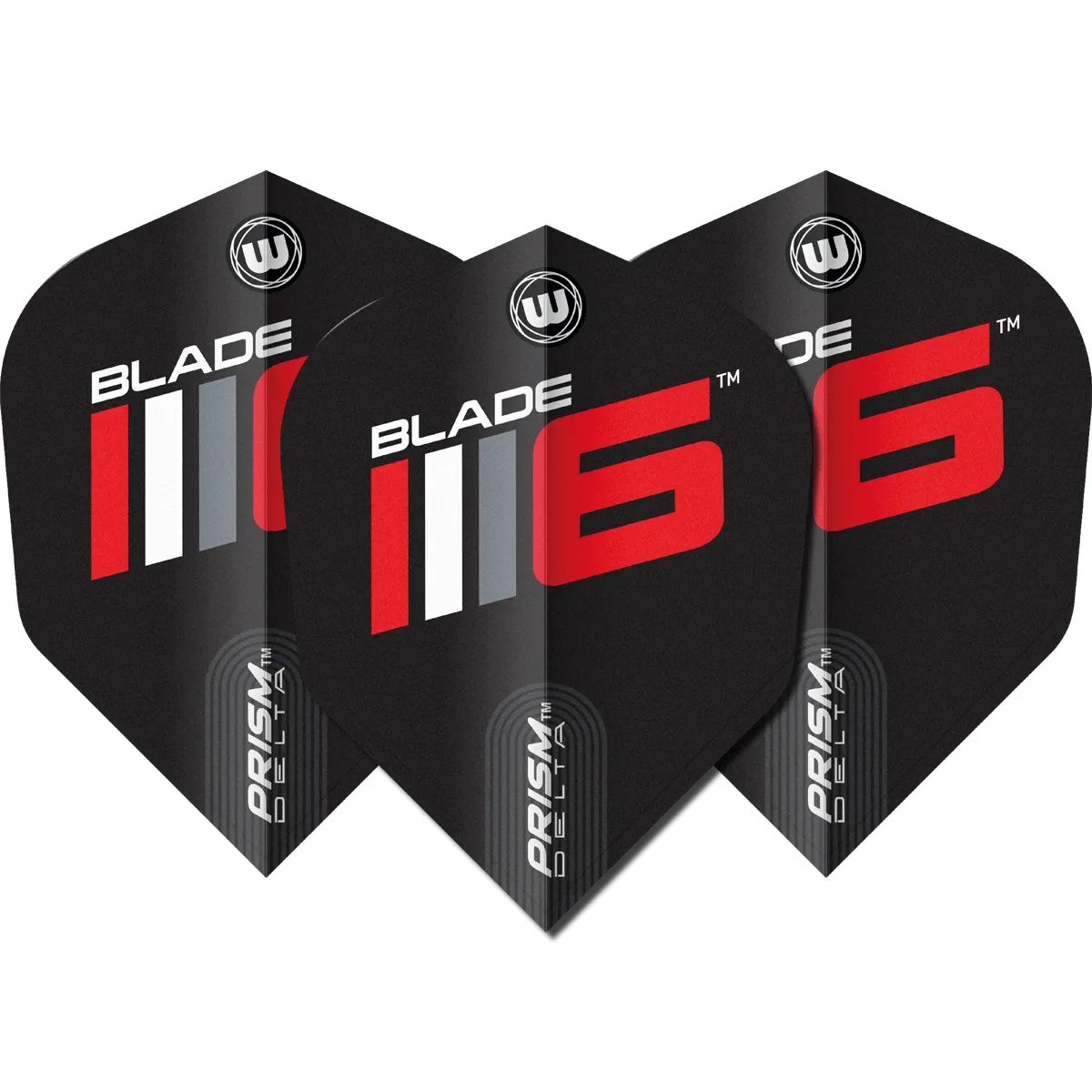Winmau Prism Delta Blade 6 No6 Flights Set – schwarze Dart Flights mit rotem Blade-6-Logo