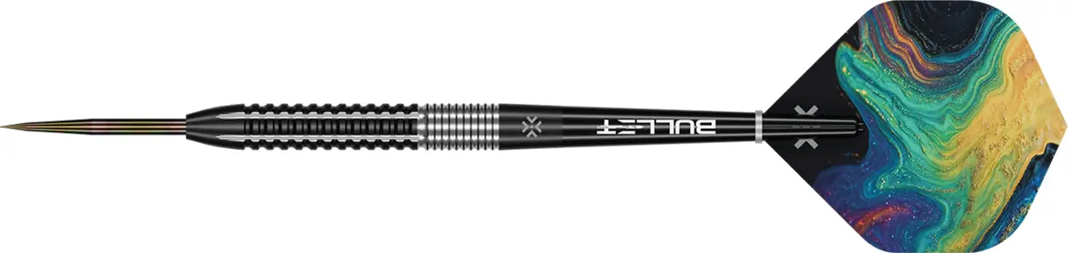 Bullet Diesel Steeldart komplett in Seitenansicht mit farbiger Spitze und Artwork-Flight