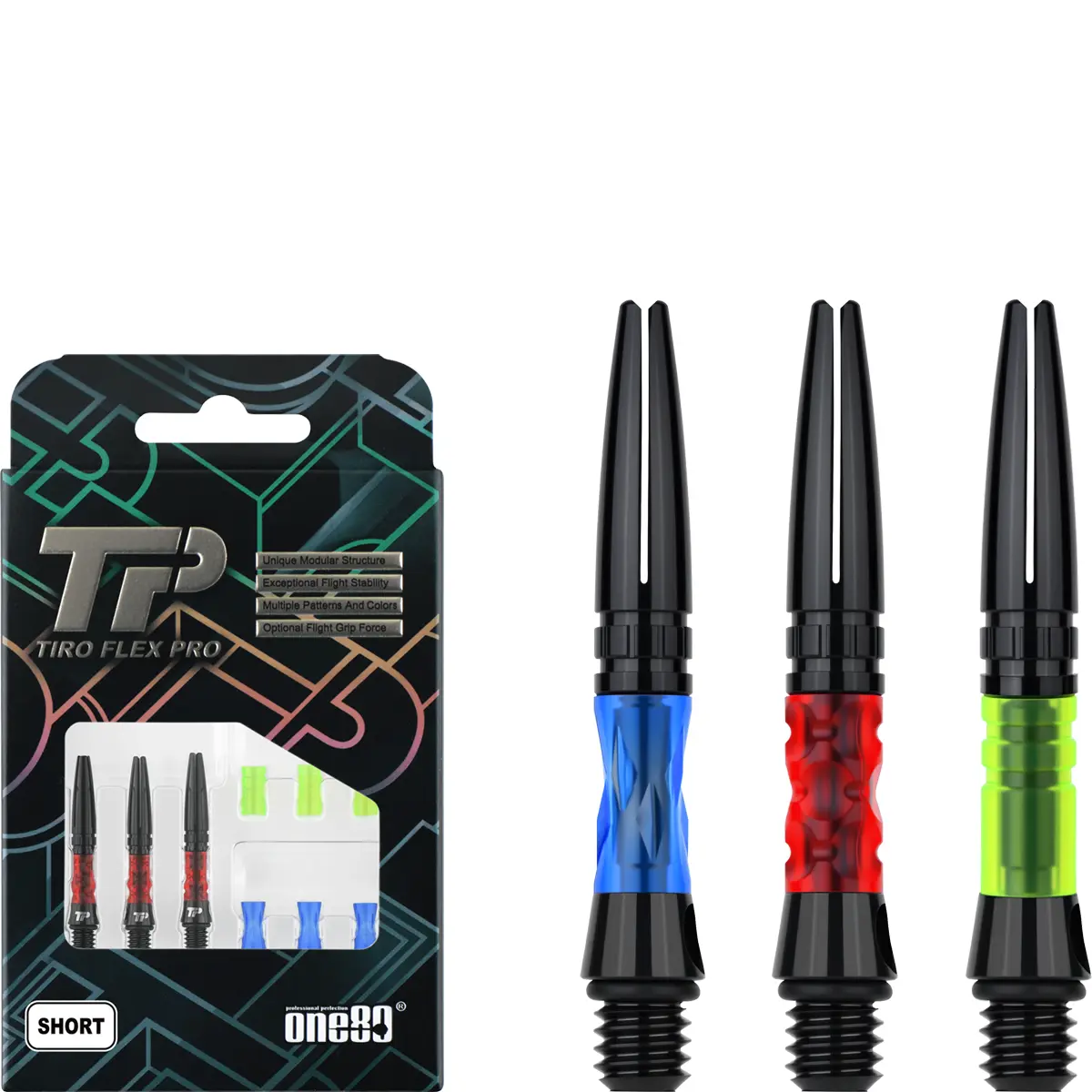 One80 TiroFlexPro Dart Shafts Short 35 mm mit Titanbasis und austauschbaren Tubes für modulares Dart Setup