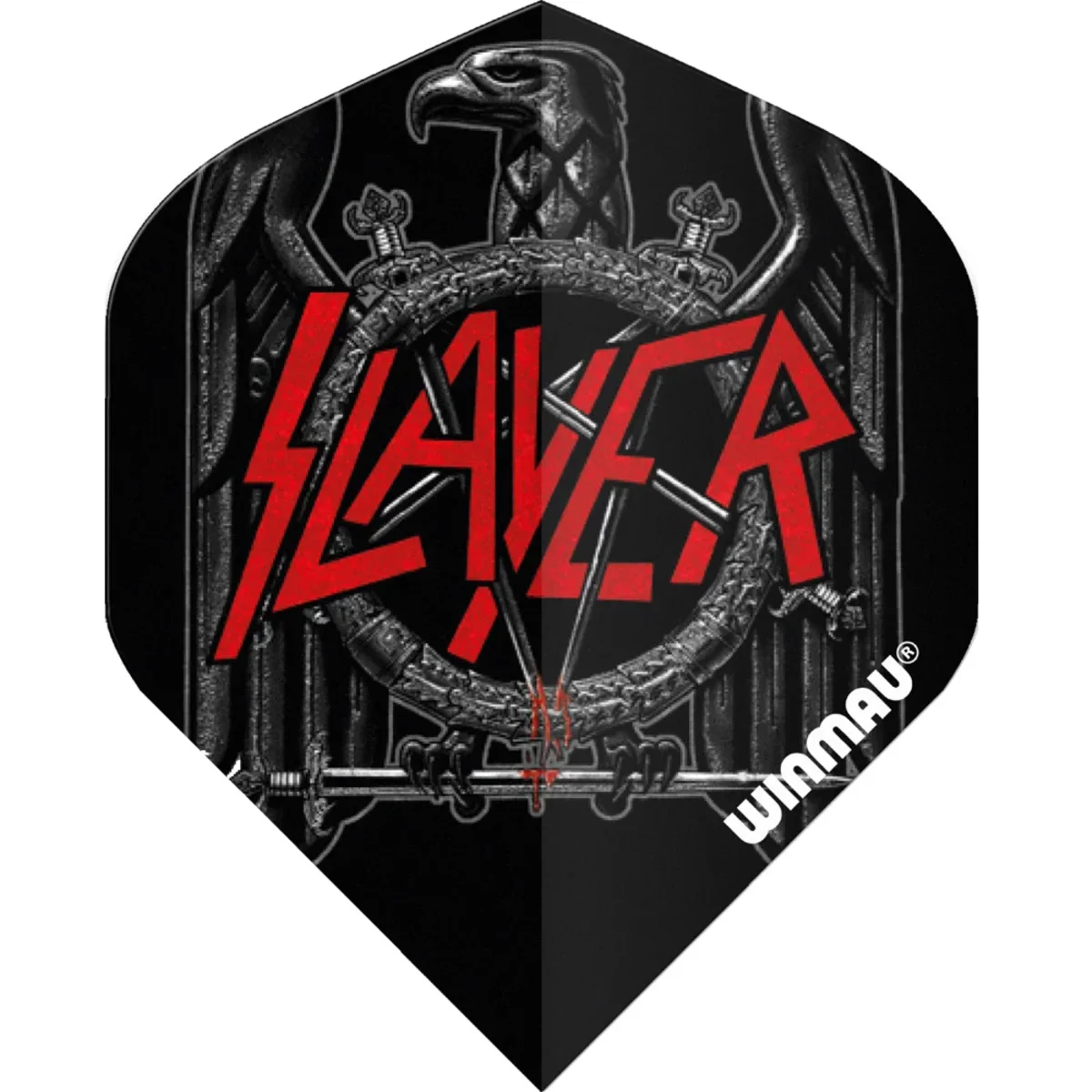 Winmau Slayer Black Eagle Flight – Draufsicht Slayer Black Eagle Flight flach von vorne – offizielles Winmau Rock Legends Design