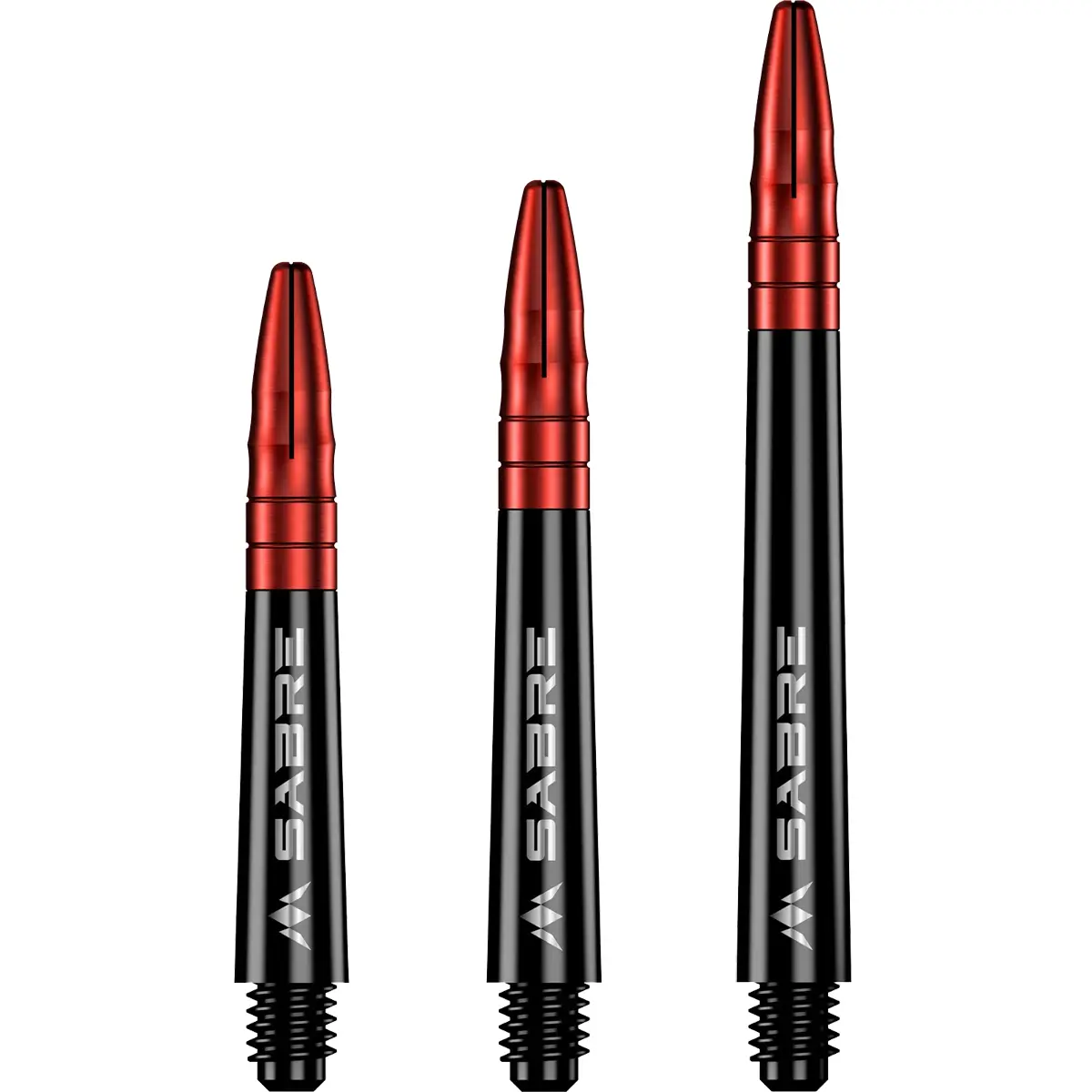 Mission Sabre Dart Shafts in Schwarz-Rot. Gesamtansicht der Größen Short, Midi und Medium. Schwarzer Polycarbonat-Schaft mit rot eloxiertem Aluminium-Top für maximale Haltbarkeit.