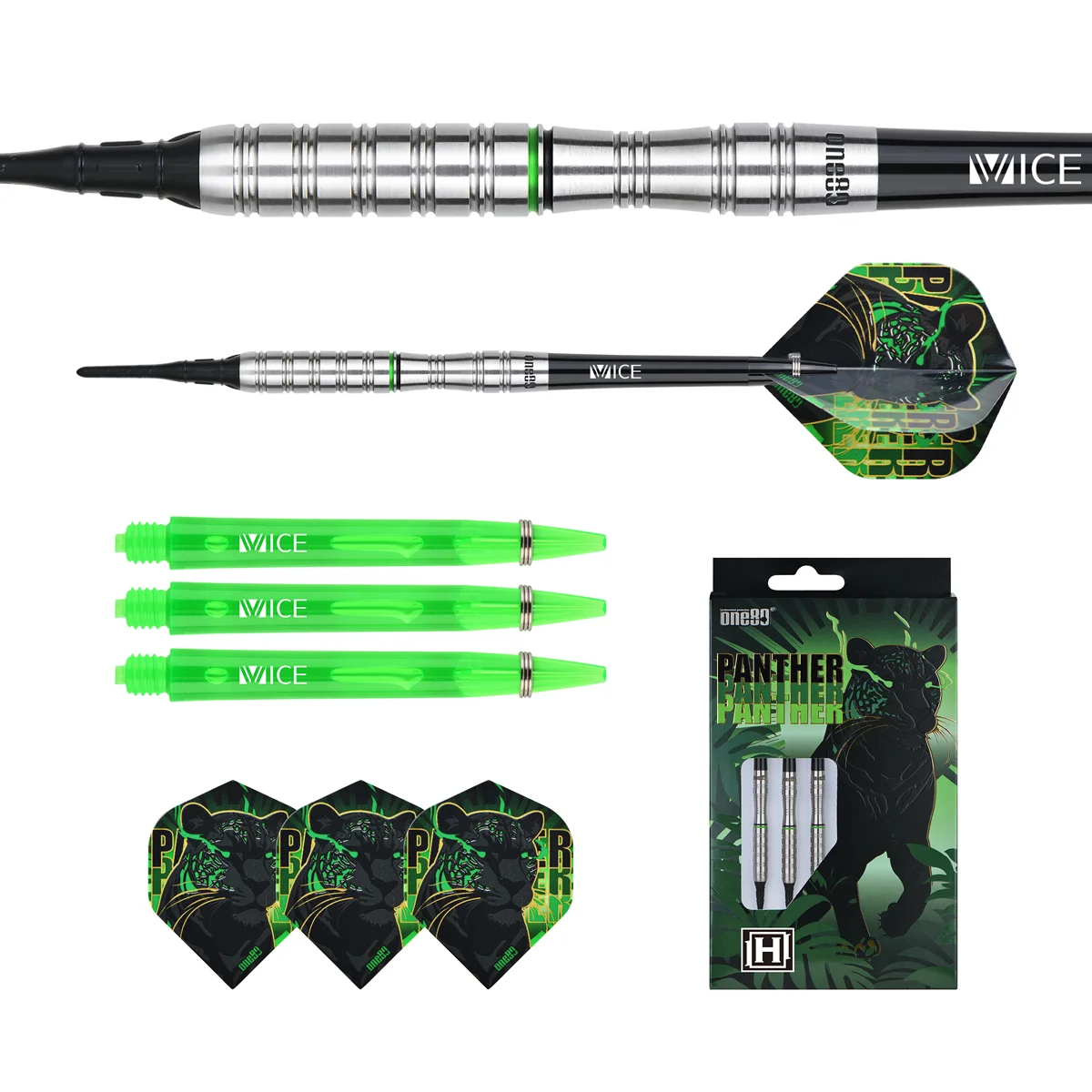 One80 Panther H Softdart Set mit grünen Vize Shafts, Panther Flights und Verpackung