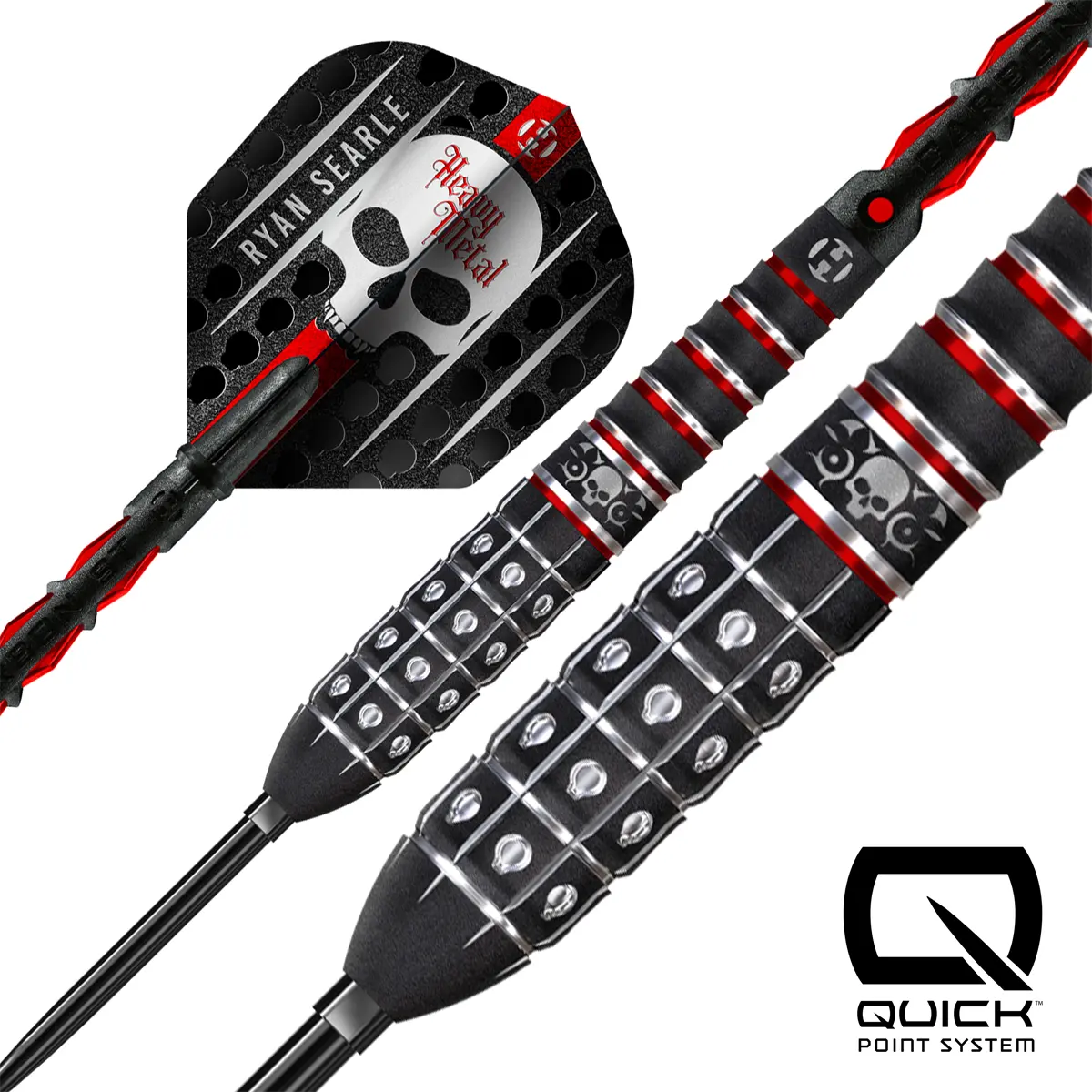 Dynamische Nahaufnahme der Harrows Ryan Searle Series 3 Quick Point Steeldarts im Heavy-Metal Design