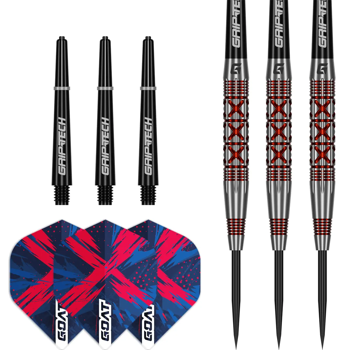Lieferumfang der Goat Strikes Steeldarts mit drei Darts, Griptech Shafts und Standard Flights