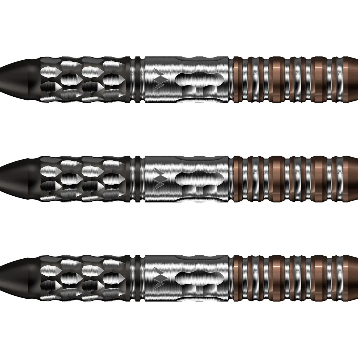 Mission Tycho Steeldarts – Barrelstruktur mit Hybrid-Grip und fein gefrästen Details Mission Tycho Steeldarts Barrel-Design mit Lochgrip und Ringgrip-Zonen in Silber und Bronze