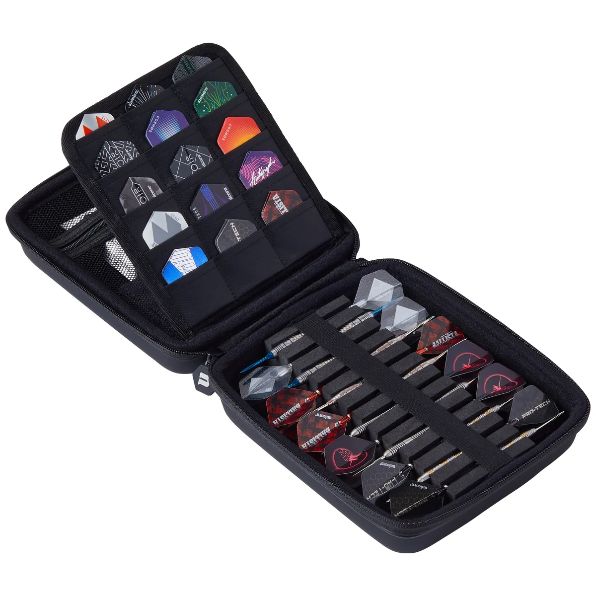 Unicorn Ultra Case Black Large mit Zubehörfächern Unicorn Ultra Case Black Large – Darttasche geöffnet mit Flights & Shafts