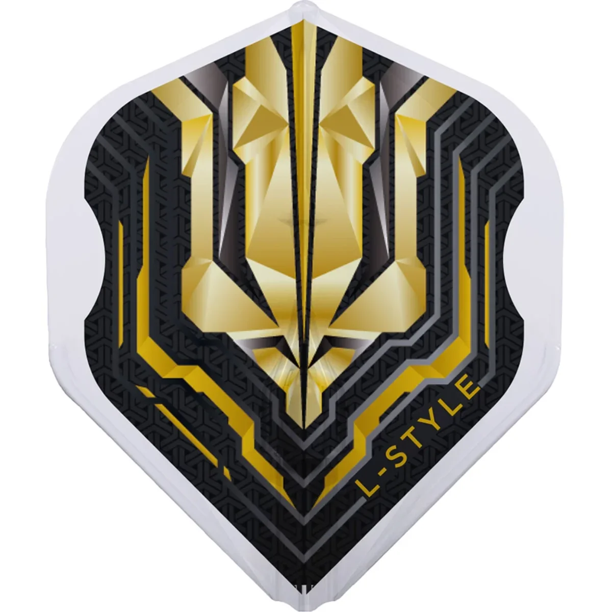 Detailaufnahme eines L-Style Origin EZ L1 Gold Flights; Fokus auf die geometrische Grafik, das L-Style Logo und die Öffnung für das integrierte EZ-System.