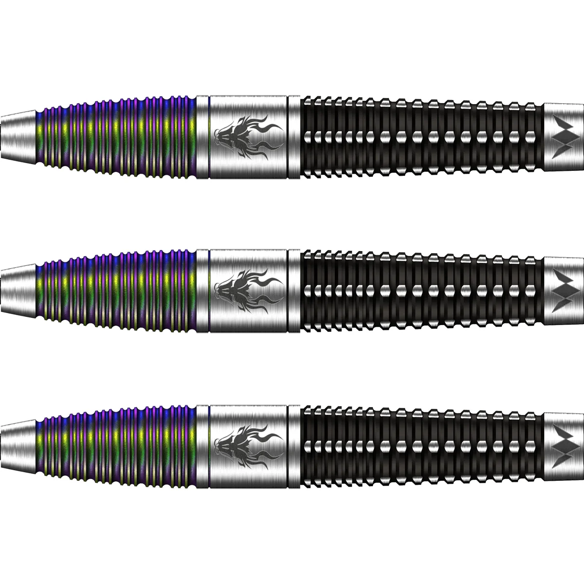 Mission Occult Steeldart Barrel Nahaufnahme mit Rainbow-Ringgrip und Drachenlogo
