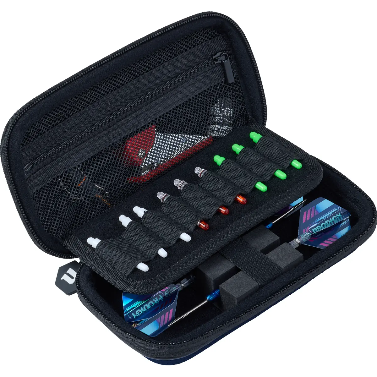Innenansicht des Unicorn Vanguard Small Dart Wallet Navy mit Ersatzspitzen, Halterungen und Netzfach